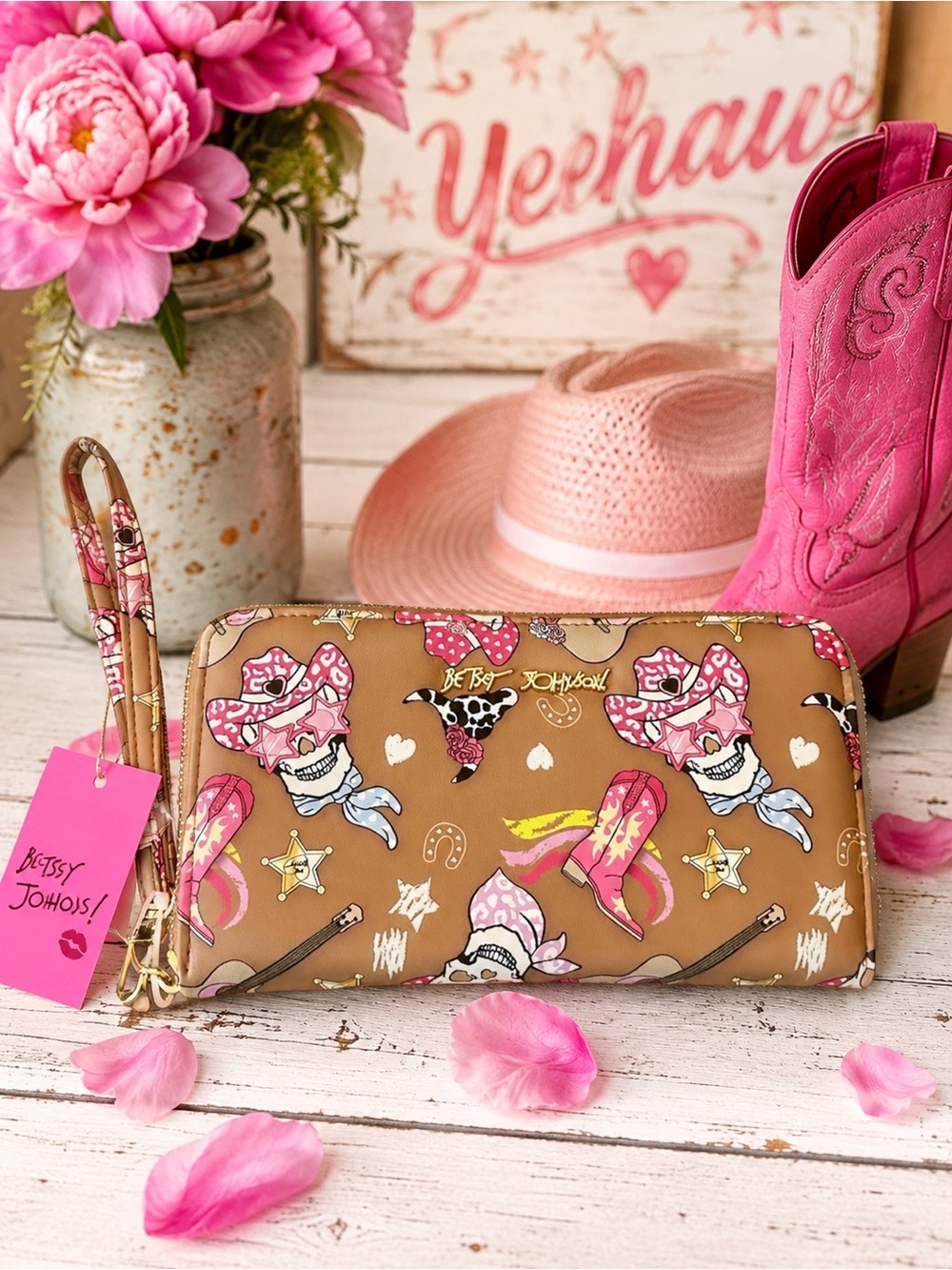 NWT Betsey Johnson Pink Cowgirl Sugar Skull Western Large Wristlet